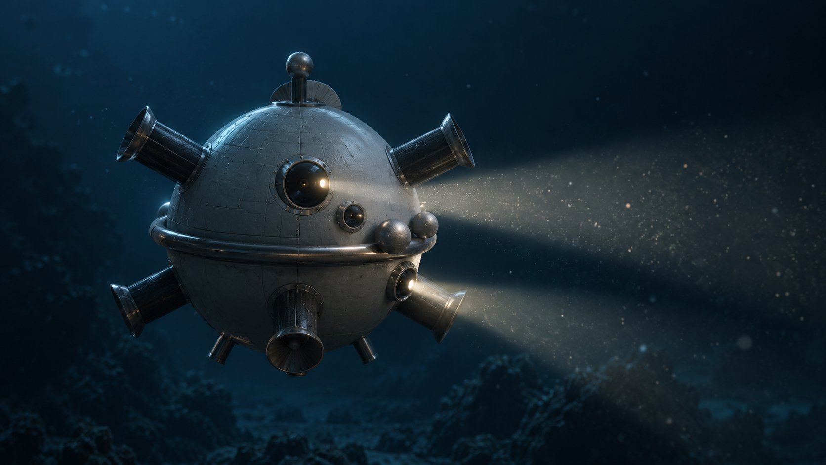 Engineering visualization of the spherical Fathom TH-04 underwater vehicle operating above the seafloor